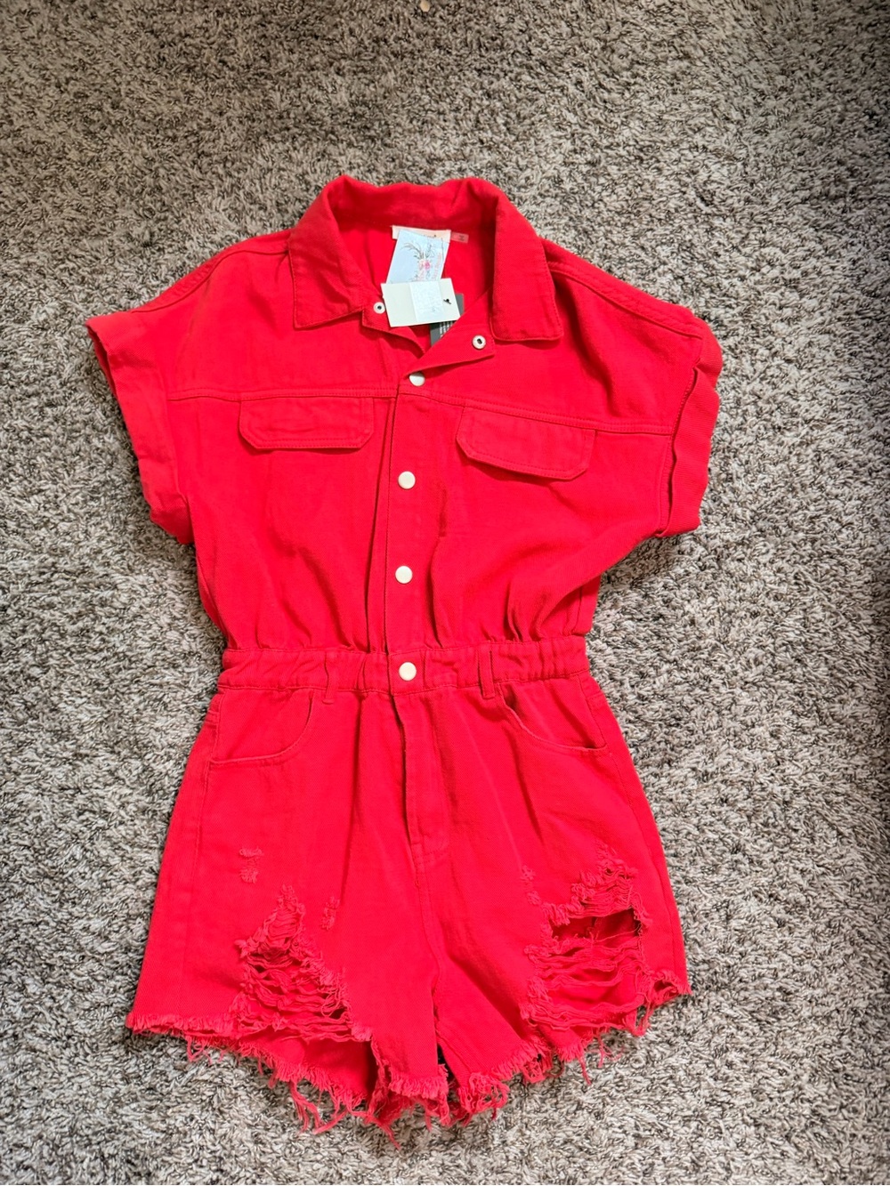 Red Distressed Denim Romper